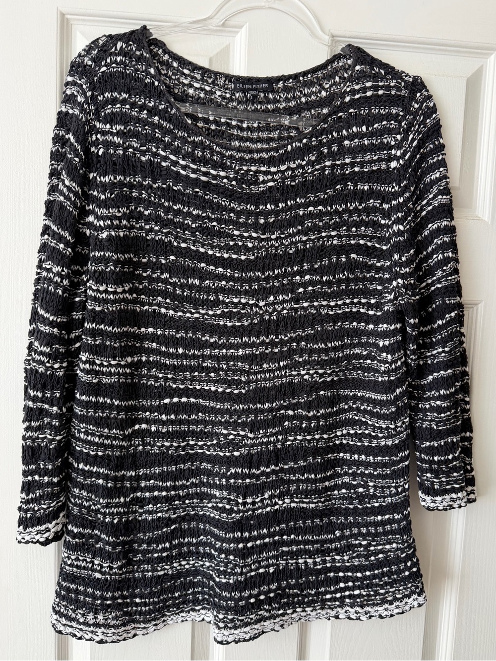 Eileen Fisher L Black White Cotton Knit Top Italian Yarn - Picture 2 of 6